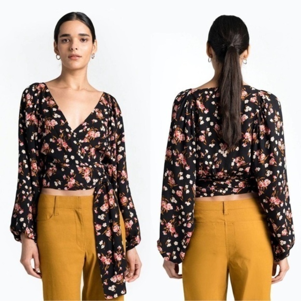A.L.C. Carla Silk Ditsy Floral Print Wrap Top Crop Size 4 Long Sleeves Boho
